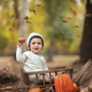 פעוט יושב בעגלת עץ ומחזיק דלעת
